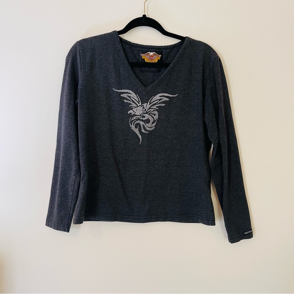 🎄Sale🎄HarleyDavidson LongSleeve DarkHeatherGrey EagleSilverembellishment